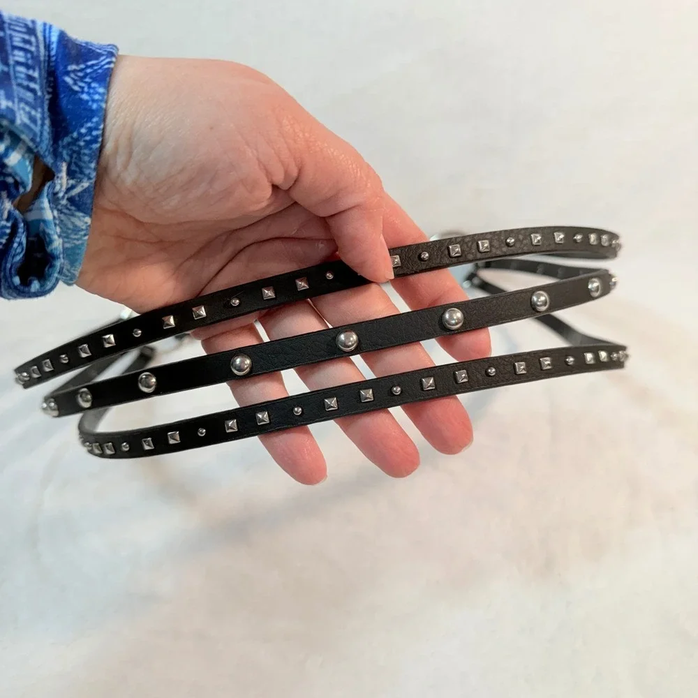 Womens Black Faux Leather Triple Strand Studded Belt Silver O-Ring Punk‎ Size L